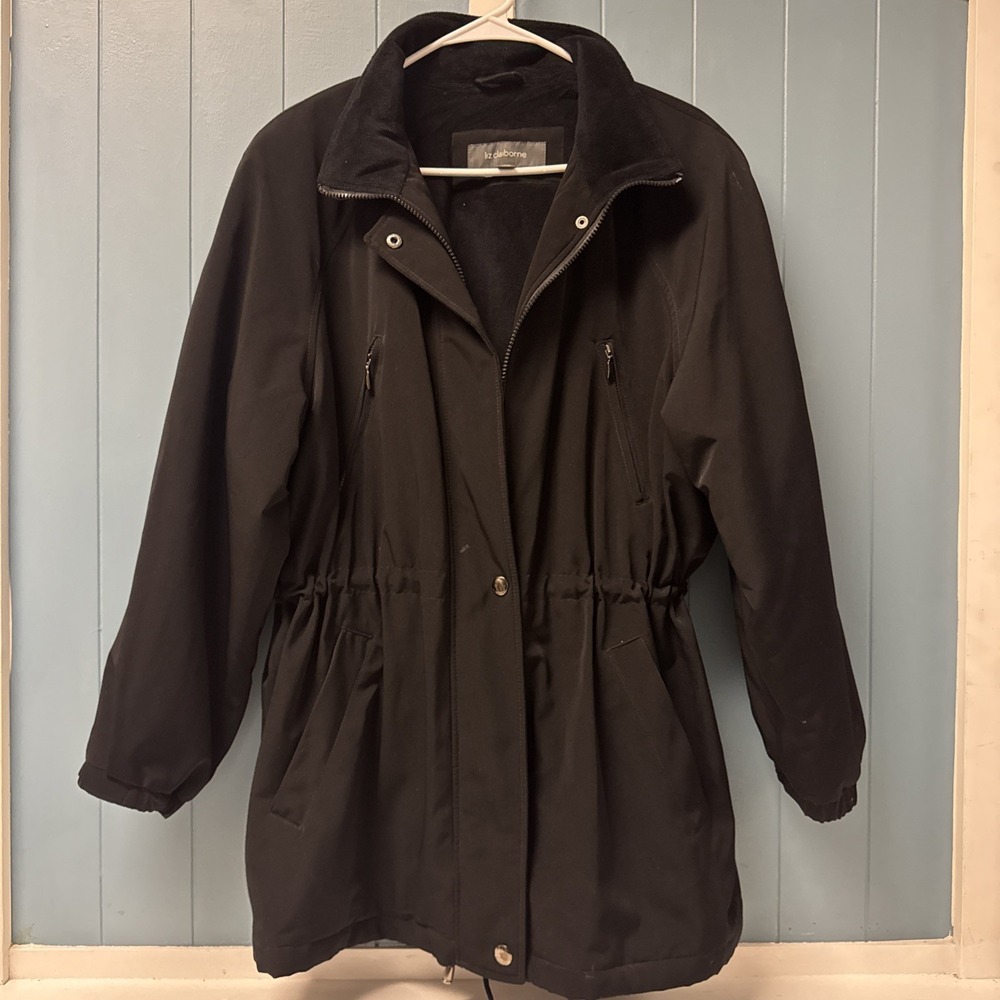 Liz Claiborne Women's Parka Jacket Zip Up Snap‎ Button Coat Weatherproof Black L